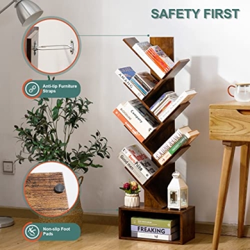 Yoobure Tree Bookshelf 6-Shelf Retro Floor Standing Bookcase