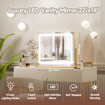 PRIMETEK Vanity Mirror with Lights, 22"x19" Large Makeup Mirror with Lights, Hollywood LED Lighted Makeup Mirror, Touch Sensor with 3-Color Lighting, Dimmable for Vanity Desk Tabletop, Bedroom, Gold