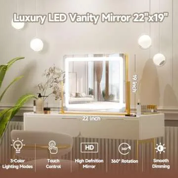 PRIMETEK Vanity Mirror with Lights, 22"x19" Large Makeup Mirror with Lights, Hollywood LED Lighted Makeup Mirror, Touch Sensor with 3-Color Lighting, Dimmable for Vanity Desk Tabletop, Bedroom, Gold