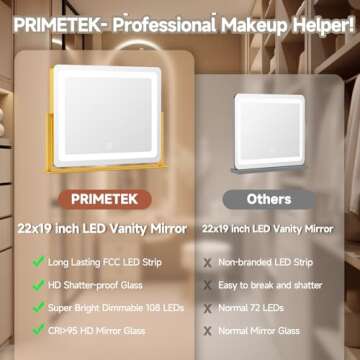 PRIMETEK Vanity Mirror with Lights, 22"x19" Large Makeup Mirror with Lights, Hollywood LED Lighted Makeup Mirror, Touch Sensor with 3-Color Lighting, Dimmable for Vanity Desk Tabletop, Bedroom, Gold