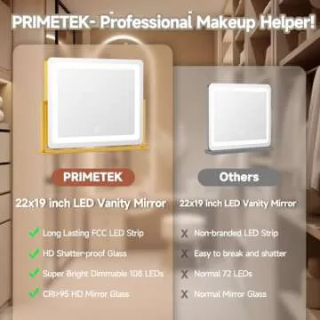 PRIMETEK Vanity Mirror with Lights, 22"x19" Large Makeup Mirror with Lights, Hollywood LED Lighted Makeup Mirror, Touch Sensor with 3-Color Lighting, Dimmable for Vanity Desk Tabletop, Bedroom, Gold