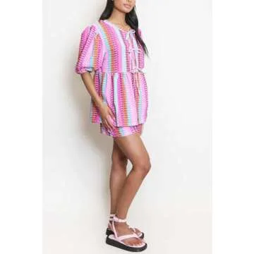 Yiulangde Women Y2k Peplum Pajamas Two Piece Sets Boxer Shorts and Tie Front Striped Shirt Tops Summer Vacation Beach Outfits Pink