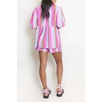 Yiulangde Women Y2k Peplum Pajamas Two Piece Sets Boxer Shorts and Tie Front Striped Shirt Tops Summer Vacation Beach Outfits Pink