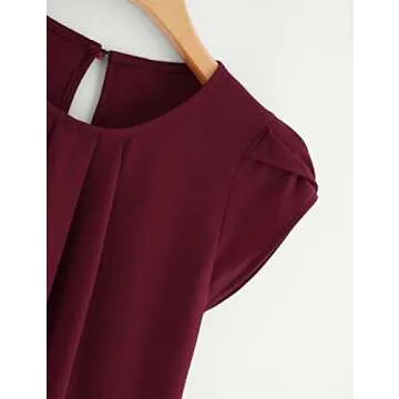 Milumia Womens Casual Round Neck Basic Pleated Top Shirt Curved Keyhole Back Blouse (Burgundy, X-Large, Cap Sleeve)