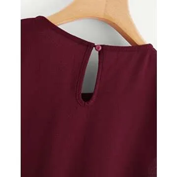 Milumia Womens Casual Round Neck Basic Pleated Top Shirt Curved Keyhole Back Blouse (Burgundy, X-Large, Cap Sleeve)