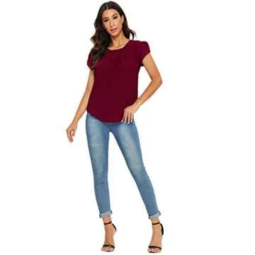 Milumia Womens Casual Round Neck Basic Pleated Top Shirt Curved Keyhole Back Blouse (Burgundy, X-Large, Cap Sleeve)