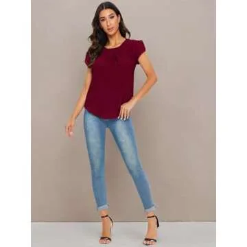 Milumia Womens Casual Round Neck Basic Pleated Top Shirt Curved Keyhole Back Blouse (Burgundy, X-Large, Cap Sleeve)