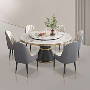 LITFAD 7-Piece Glam Marble Dining Table Set - Rotating Design