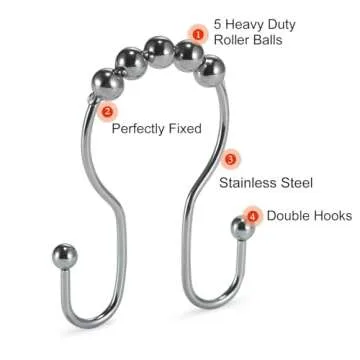 Goowin Shower Curtain Hooks, 12 Pcs Shower Curtain Rings, Stainless Steel Silver Shower Curtain Hooks Rings Rust Proof, Smooth Sliding Anti-Drop Double Shower Hooks for Shower Curtain, Rods (Chrome)