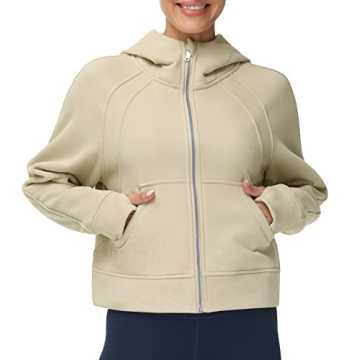 THE GYM PEOPLE Women's Full-Zip Up Hoodies Jacket Fleece Workout Crop Tops Sweatshirts with Pockets ...