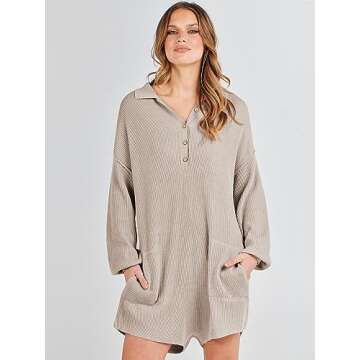 ANRABESS Women Sweater Rompers 2023 Fall Outfits Long SLeeve Buttons Henley V Neck Trendy Knit Lounge Jumpsuits Onesie Pajamas Loungewear FP Dupe 1185baishise-S, Apcicot