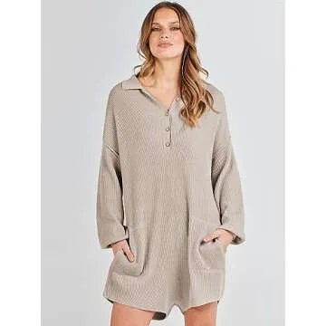 ANRABESS Women Sweater Rompers 2023 Fall Outfits Long SLeeve Buttons Henley V Neck Trendy Knit Lounge Jumpsuits Onesie Pajamas Loungewear FP Dupe 1185baishise-S, Apcicot