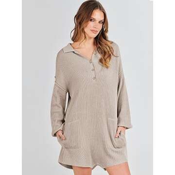 ANRABESS Women Sweater Rompers 2023 Fall Outfits Long SLeeve Buttons Henley V Neck Trendy Knit Lounge Jumpsuits Onesie Pajamas Loungewear FP Dupe 1185baishise-S, Apcicot