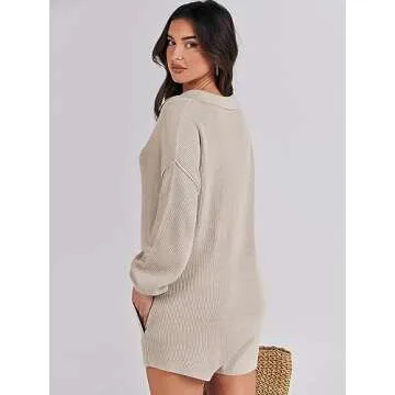 ANRABESS Women Sweater Rompers 2023 Fall Outfits Long SLeeve Buttons Henley V Neck Trendy Knit Lounge Jumpsuits Onesie Pajamas Loungewear FP Dupe 1185baishise-S, Apcicot