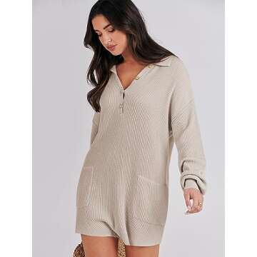 ANRABESS Women Sweater Rompers 2023 Fall Outfits Long SLeeve Buttons Henley V Neck Trendy Knit Lounge Jumpsuits Onesie Pajamas Loungewear FP Dupe 1185baishise-S, Apcicot