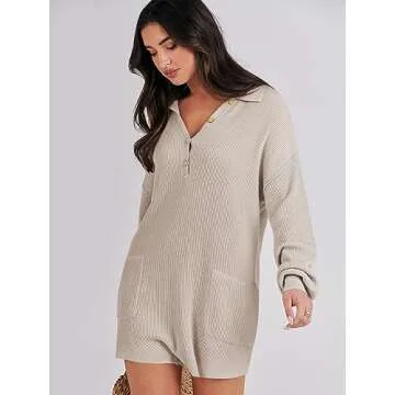 ANRABESS Women Sweater Rompers 2023 Fall Outfits Long SLeeve Buttons Henley V Neck Trendy Knit Lounge Jumpsuits Onesie Pajamas Loungewear FP Dupe 1185baishise-S, Apcicot