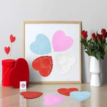 ANPUNAT 150 Pcs Valentine Heart Doilies 4Inch Heart Shape Paper Doily with 4 Colors Red Pink Blue and White for Valentine's Mother's Day Wedding Favor Party Decorations