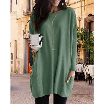 SENSERISE Womens Long Sleeve Long Tunic Tops for Leggings with Pockets Plus Size Casual Long T Shrit...
