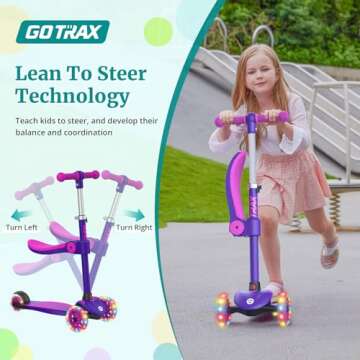 Gotrax KS3 Kids Kick Scooter, LED Lighted Wheels, Adjustable Height Handlebars and Removable Seat, Lean-to-Steer & Widen Anti-Slip Deck, 3 Wheel Scooter for kids Ages 2-8 and up to 100 Lbs (Purple)