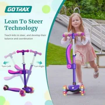 Gotrax KS3 Kids Kick Scooter, LED Lighted Wheels, Adjustable Height Handlebars and Removable Seat, Lean-to-Steer & Widen Anti-Slip Deck, 3 Wheel Scooter for kids Ages 2-8 and up to 100 Lbs (Purple)