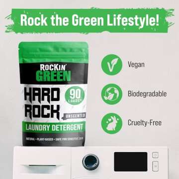 Rockin' Green Hard Rock Laundry Detergent for Hard Water (90 Loads), Plant based, Natural Laundry Detergent Powder, Biodegradable Odor Fighter, Safe for Sensitive Skin, 45 oz (Unscented)