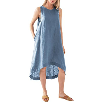 Amazhiyu Women’s 100% Linen High Low Midi Dress with Pockets for Summer Casual Flowy Dresses