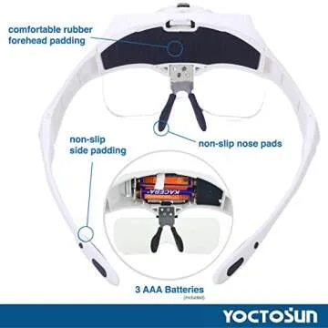 YOCTOSUN Head Mount Magnifier with 2 Led Professional Jeweler's Loupe Light Bracket and Headband are Interchangeable