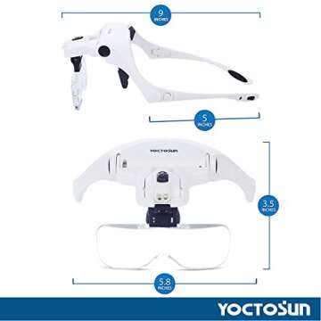 YOCTOSUN Head Mount Magnifier with 2 Led Professional Jeweler's Loupe Light Bracket and Headband are Interchangeable