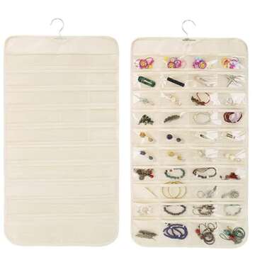 BINO Double Sided Hanging Jewelry Organizer - Beige | Necklace Bracelets & Earrings Storage | Portab...