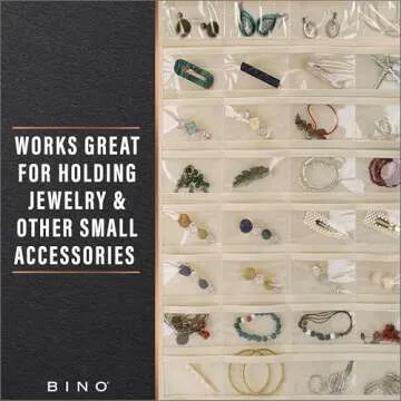 BINO Double Sided Hanging Jewelry Organizer - Beige | Necklace Bracelets & Earrings Storage | Portable Closet Organizer | Over-Door Accessories Holder with Pockets | Wardrobe Cabinet Jewelry Hanger