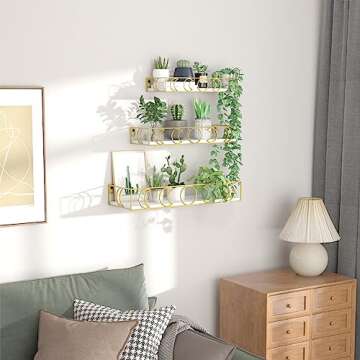 PHAREGE Moon Phase Floating Shelves White Gold, Set of 3 Small Decorative Wall Shelves for Book Plan...