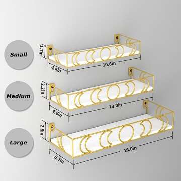 PHAREGE Moon Phase Floating Shelves White Gold, Set of 3 Small Decorative Wall Shelves for Book Plant Storage, Crystal Figurine Collectibles Display Shelf for Bedroom Kid Room