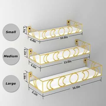PHAREGE Moon Phase Floating Shelves White Gold, Set of 3 Small Decorative Wall Shelves for Book Plant Storage, Crystal Figurine Collectibles Display Shelf for Bedroom Kid Room