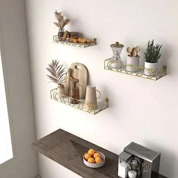 PHAREGE Moon Phase Floating Shelves White Gold, Set of 3 Small Decorative Wall Shelves for Book Plant Storage, Crystal Figurine Collectibles Display Shelf for Bedroom Kid Room