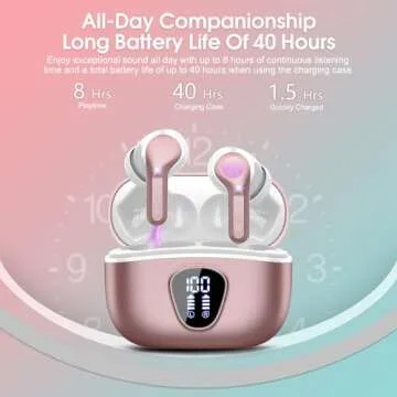 Wireless Earbuds, Bluetooth 5.4 Headphones HiFi Stereo, Bluetooth Earbuds with ENC Noise Cancelling Mic, IP7 Waterproof in Ear Earphones, 48H, LED Display Ear buds for Pad Workout Sports, Rose