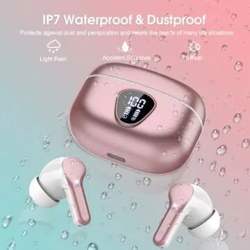 Wireless Earbuds, Bluetooth 5.4 Headphones HiFi Stereo, Bluetooth Earbuds with ENC Noise Cancelling Mic, IP7 Waterproof in Ear Earphones, 48H, LED Display Ear buds for Pad Workout Sports, Rose