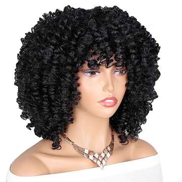 AISI HAIR Curly Afro Wig with Bangs Shoulder Length Wigs Curly Black Wig Afro Kinkys Curly Hair Wigs Synthetic Wig Curly Full Wig for Black Women (Black)…