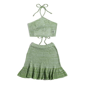 Stylish SOLY HUX Halter Top Ruffle Skirt Set Green