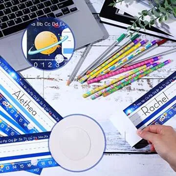 60 Pcs Outer Space Student Nameplate Classroom Flat Nameplate Name Tag School Classroom Student Desk Teaching Supplies Back to School Decoration, 12 x 4 Inches (Space Style)