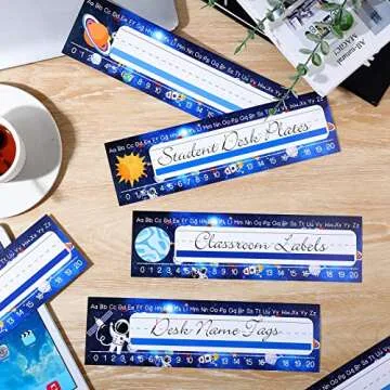 60 Pcs Outer Space Student Nameplate Classroom Flat Nameplate Name Tag School Classroom Student Desk Teaching Supplies Back to School Decoration, 12 x 4 Inches (Space Style)