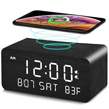 Andoolex Wooden Digital Alarm Clock with Wireless Charging, Adjustable Brightness and Alarm Volume