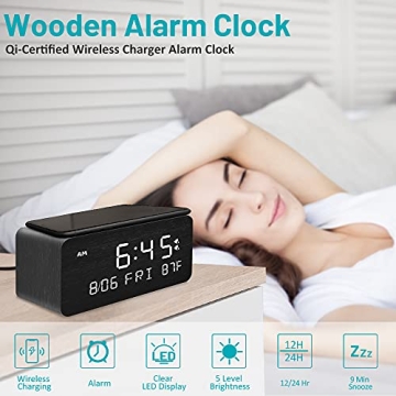 Stylish Andoolex Wooden Alarm Clock with Wireless Charging