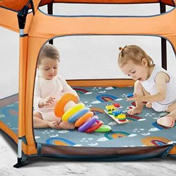 Hoybell Hexagon Playpen Mat, Compatible with POP 'N GO Baby Playpen, 59 inch Self Inflating Mattress Pad, Baby Play Mat, Portable and Comfortable Play Yard Mat with Carry Case - Rainbow