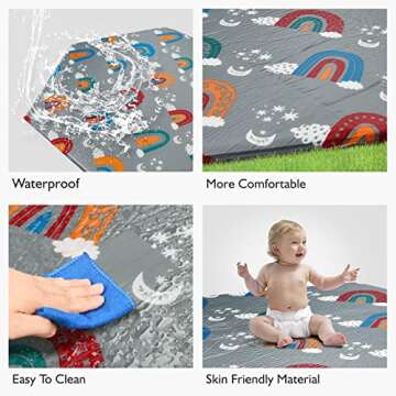 Hoybell Hexagon Playpen Mat, Compatible with POP 'N GO Baby Playpen, 59 inch Self Inflating Mattress Pad, Baby Play Mat, Portable and Comfortable Play Yard Mat with Carry Case - Rainbow