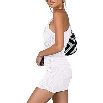 SEBOWEL Women Sexy Short Mini Dress One Shoulder Sleeveless Ruched Stretchy Bodycon Club Cocktail Party Dresses, White, M