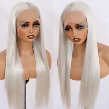 Missyvan White Hair Color 13 * 4 Lace Front Wig Glueless Long Straight Hair Wigs Platinum White Heat Resistant Fiber Hair Synthetic Lace Front Wigs for Fashion Women 28Inches