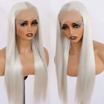 Missyvan White Hair Color 13 * 4 Lace Front Wig Glueless Long Straight Hair Wigs Platinum White Heat Resistant Fiber Hair Synthetic Lace Front Wigs for Fashion Women 28Inches