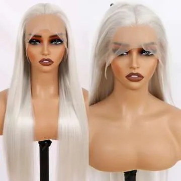 Missyvan White Hair Color 13 * 4 Lace Front Wig Glueless Long Straight Hair Wigs Platinum White Heat Resistant Fiber Hair Synthetic Lace Front Wigs for Fashion Women 28Inches