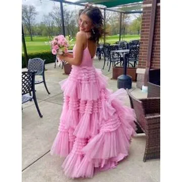 Glitter Tulle Tiered Plus Size Hot Pink Prom Dresses for Women Puffy Princess Evening Ball Gown with Slit Size 22W