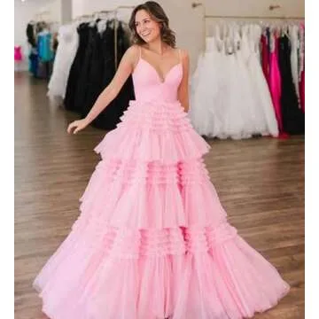 Glitter Tulle Tiered Plus Size Hot Pink Prom Dresses for Women Puffy Princess Evening Ball Gown with Slit Size 22W